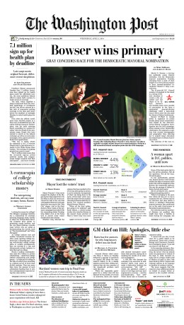 An edition of The Washington Post's A1 on April 2, 2014